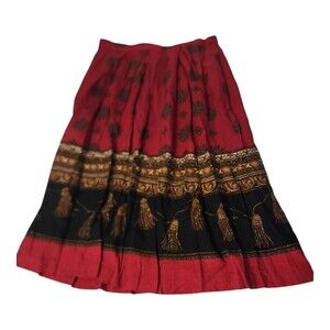Vintage Koret Petite M Pleated Skirt Red Black Border Print Midi Boho Southwest